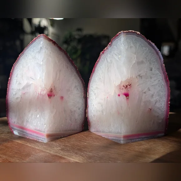 Brazilian Geode Pink White Quartz Agate Polished Bookends Set Dyed Stone Decor - Picture 3 of 11